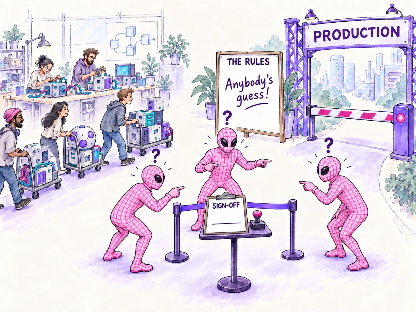 Three pink masked figures point at each other while builders wait for sign-off.