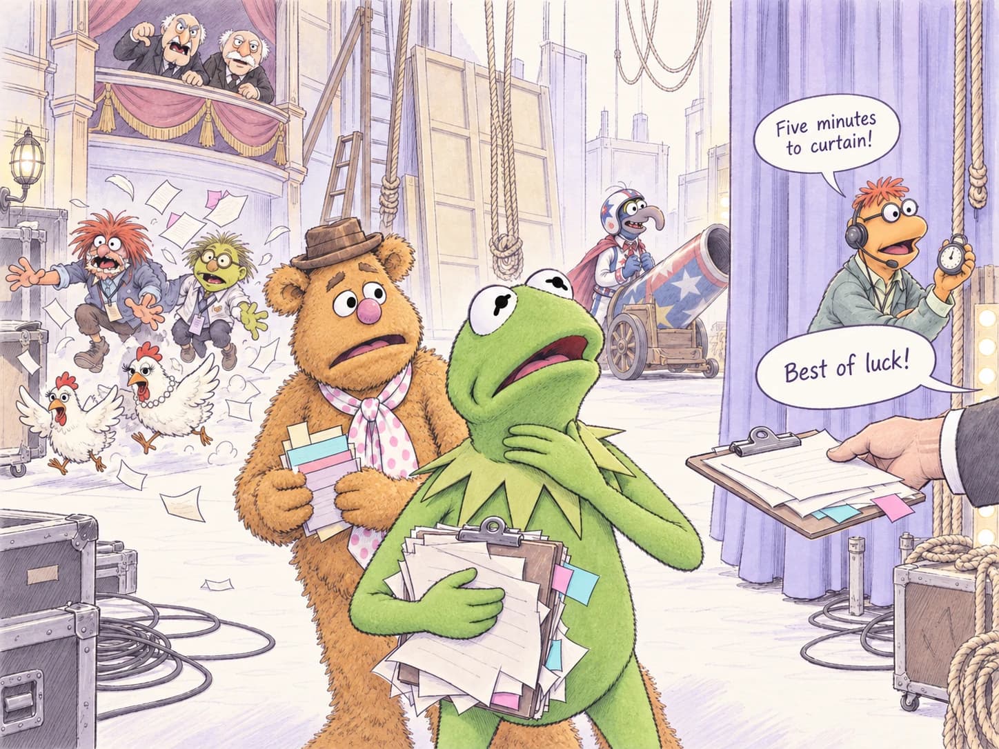 Kermit and Fozzie face backstage chaos as Scooter counts down to curtain.